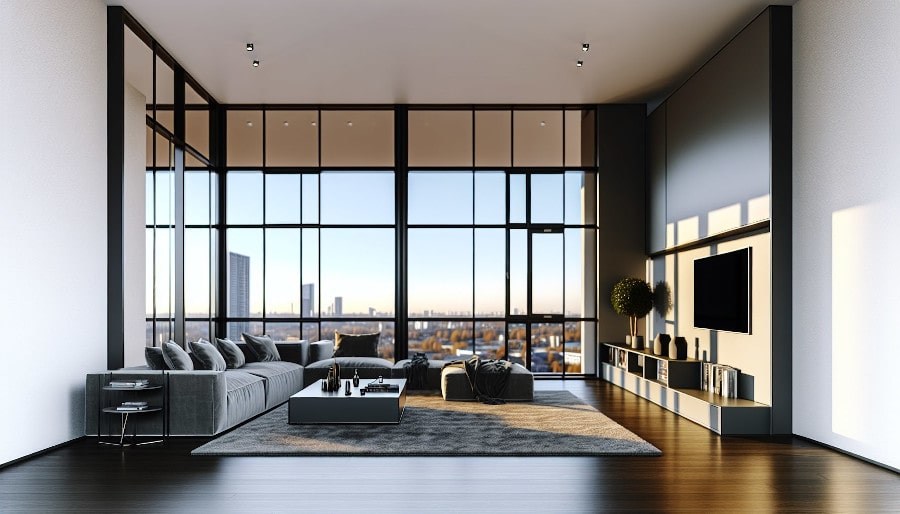 Floor-to-ceiling windows in a contemporary living room